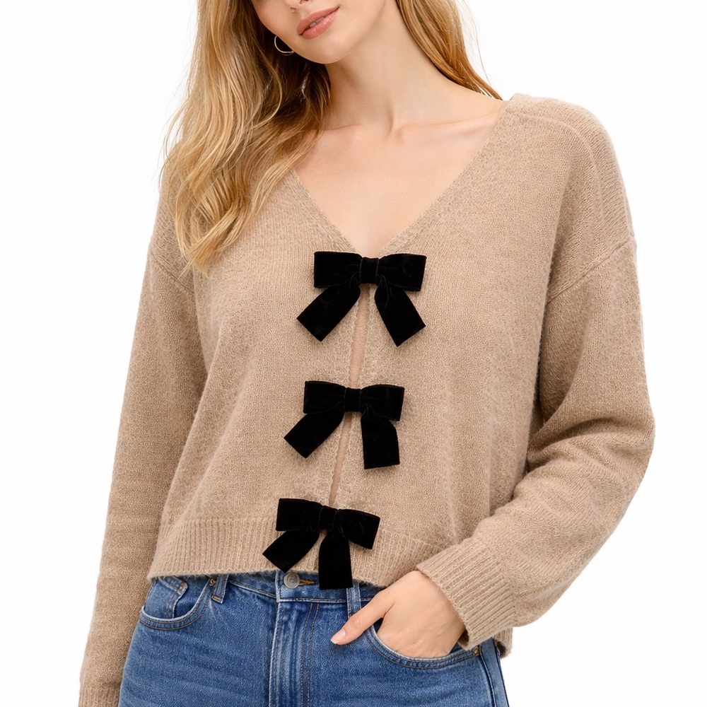 Mine Tan V-Neck Sweater with Black Bow Details